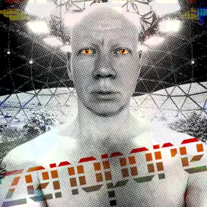 Graphic of a humanoid alien in black and white, glowing amber eyes, with Zenopore logo overlain